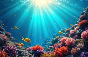 Obraz premium Vibrant coral reef teeming with colorful fish. Sunlight streams through crystal-clear water. Underwater scene diverse marine life. Natural beauty of Great Barrier Reef. Australia. Undersea world.
