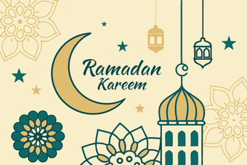 Ramadan Mubarak Paper Cut Vector Design with Arabic Calligraphy, Crescent Moon, Mosque, and Lanterns - Islamic Festival Banner and Poster Illustration