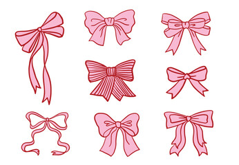 Hand drawn pink bows of whimsical style. Cute pink ribbon bow collection vector