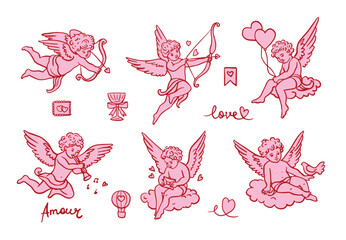 Red and pink color Valentine's day cute cupid design hand drawn element set.