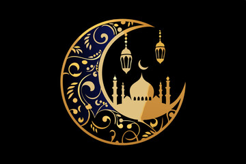 Ramadan Mubarak Paper Cut Vector Design with Arabic Calligraphy, Crescent Moon, Mosque, and Lanterns - Islamic Festival Banner and Poster Illustration
