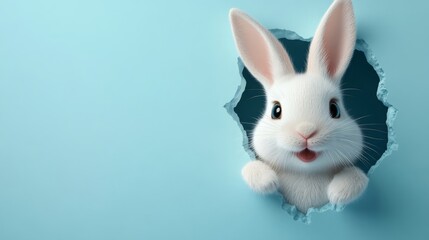 Obraz premium 3D Easter banner background design with a cute smiling cartoon bunny peeking out of a crack in the wall isolated on a blue background with space for text