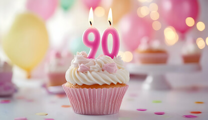 Happy Birthday 90th with a cupcake and candles