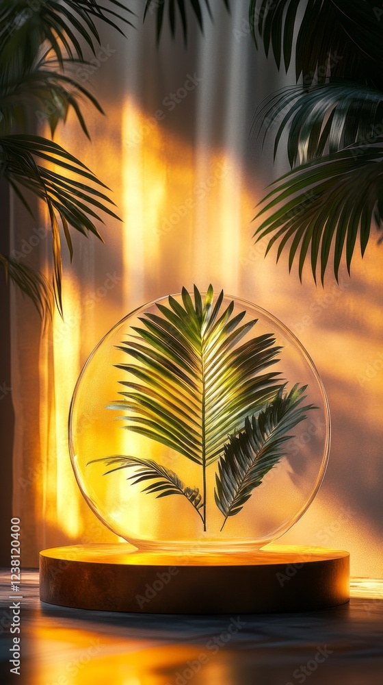 Poster A captivating display features a semi-transparent podium with embedded greenery, surrounded by gentle lighting that creates a serene atmosphere, ideal for inspirational talks or exhibitions