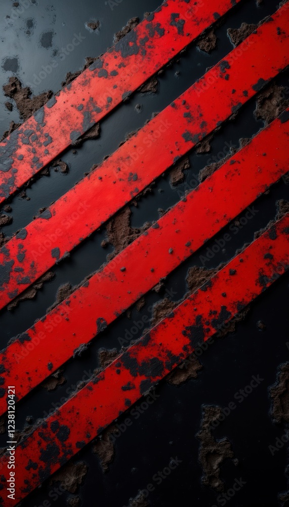 Poster abstract grunge background with bold diagonal red stripes on black textured canvas. distressed patte