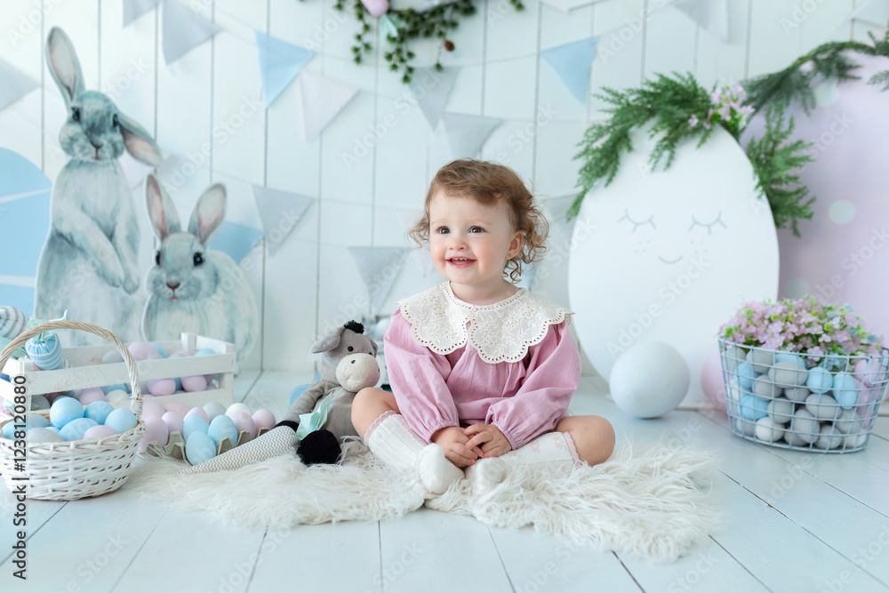 Sticker Cute smile baby girl with curly hair and in pink bodysuit in easter decorations at home. Happy child with easter eggs and decorative figurine bunnies. Little girl in child room in the spring style.	
