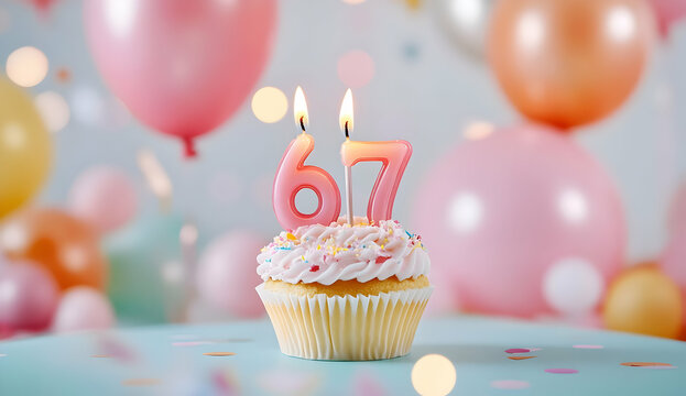 Happy Birthday 67th with a cupcake and candles