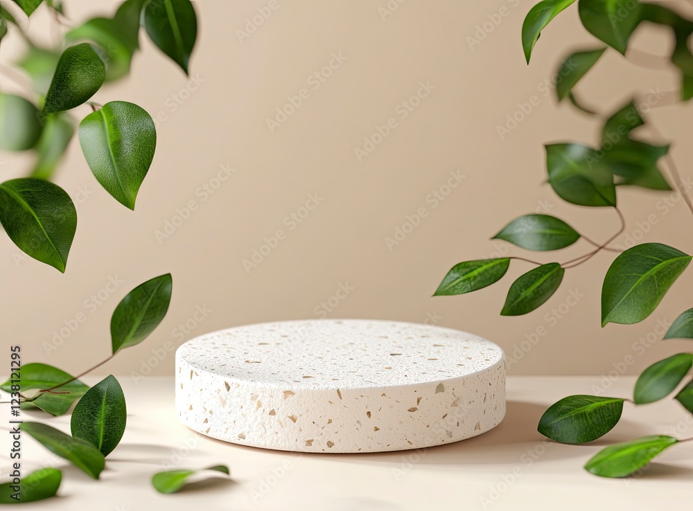 Poster 3d rendering of a podium mockup with white stone and green leaves on a beige background for product 