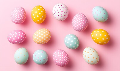 Obraz premium Vibrant Polka Dot Easter Eggs on Colorful Pink Background for Holiday Decoration, Generative AI
