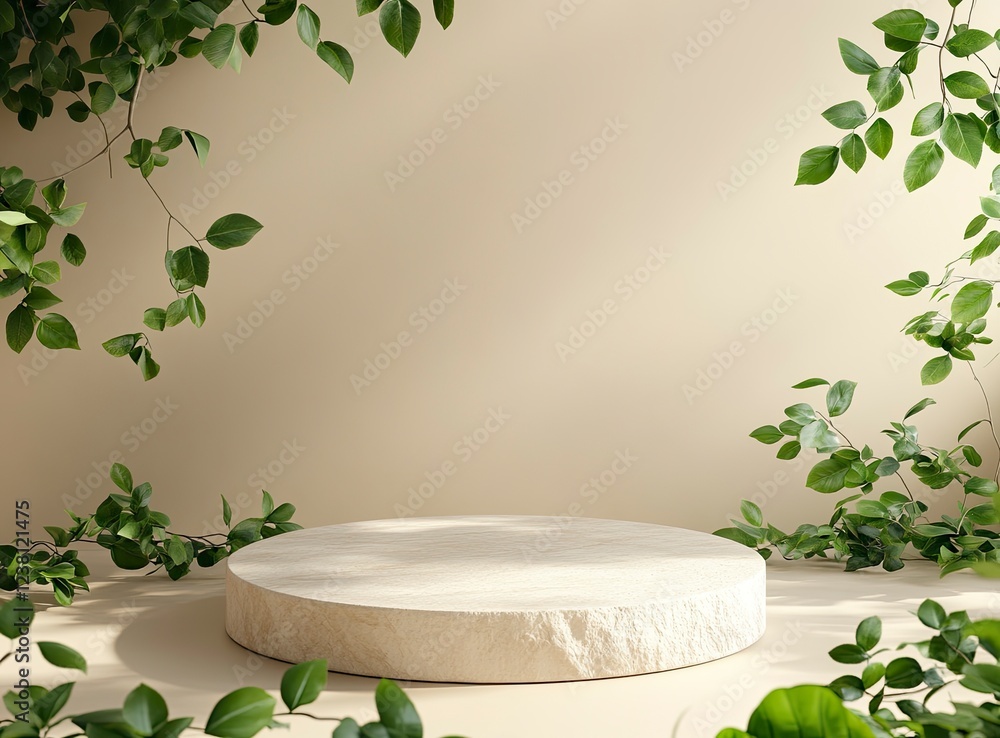 Poster 3d rendering of a podium mockup with white stone and green leaves on a beige background for product 