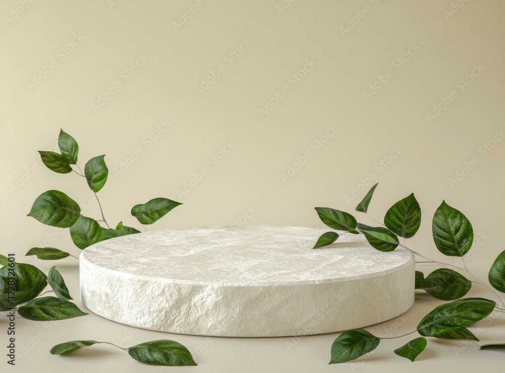 Poster 3d rendering of a podium mockup with white stone and green leaves on a beige background for product 
