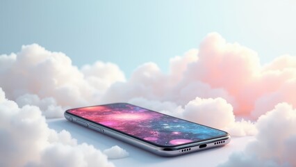 Smartphone Mockup on Transparent Background, Soft cloud transparent background smartphone with artistic wallpaper vibrant colors photorealistic.