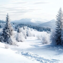 Serene Winter Landscape: Snowy Trees and Mountains Under Soft Light - Ideal for Seasonal Themes and Nature Displays