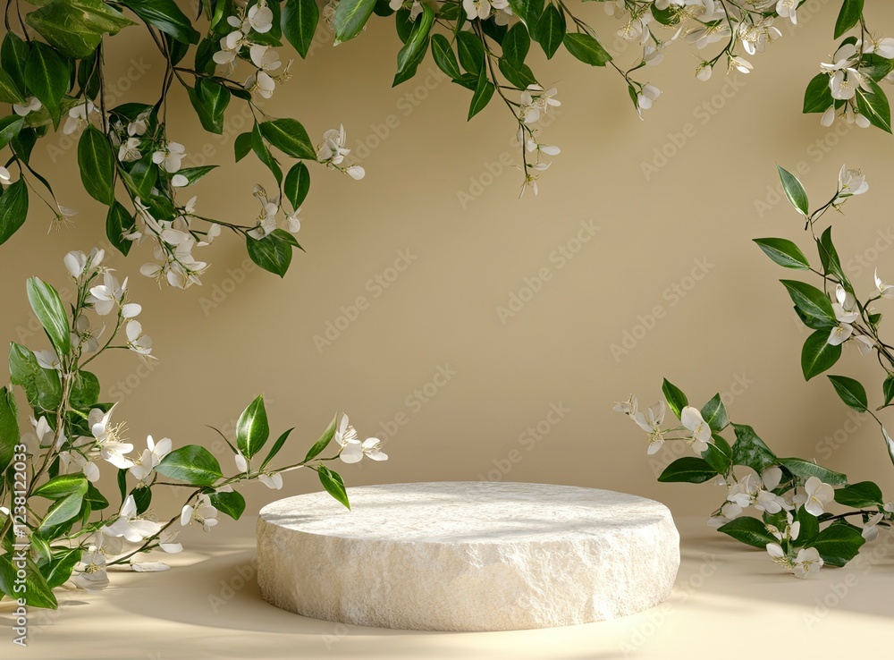 Poster 3d rendering of a podium mockup with white stone and green leaves on a beige background for product 