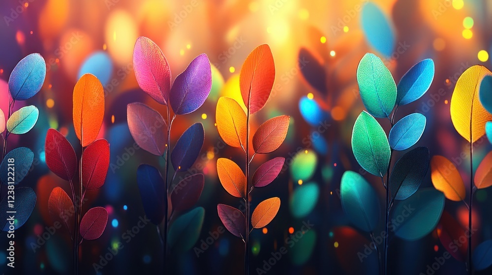Aufkleber colorful vibrant leaves with soft bokeh background and dreamy atmosphere in abstract nature concept