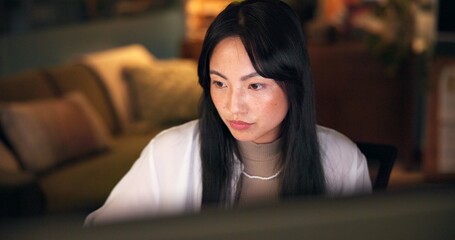 Research, online and computer with business asian woman in office for art director, media campaign...