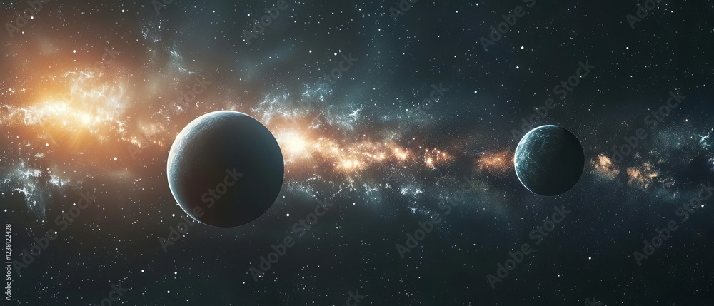 Poster stunning panoramic view of a distant planet system in deep space with vibrant nebulas and stars, 3d 