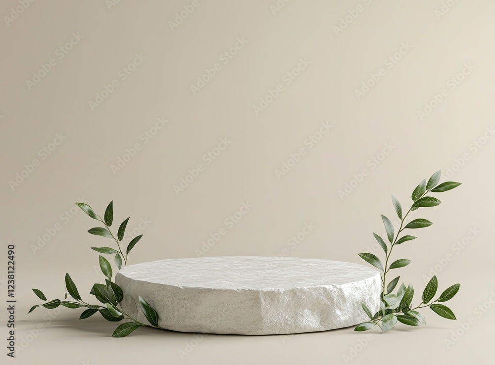 Poster 3d rendering of a podium mockup with white stone and green leaves on a beige background for product 