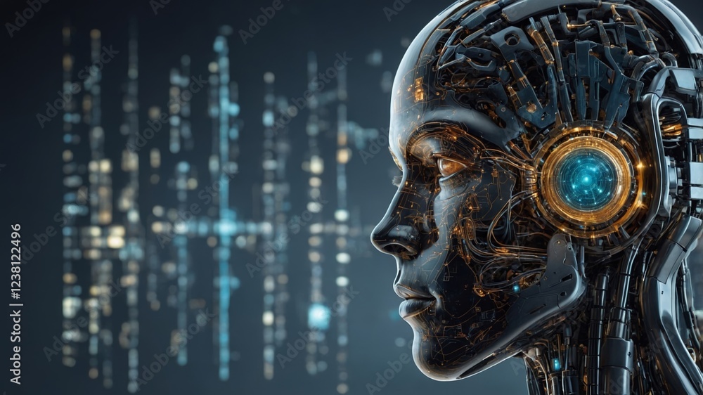 Poster futuristic robotic head with intricate circuitry and glowing elements