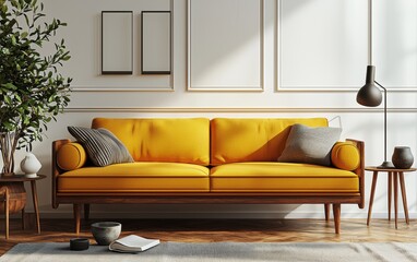 Vibrant Yellow Sofa in a cozy contemporary setting, paired with dark wood furniture and minimalist decor, creating a warm and inviting atmosphere