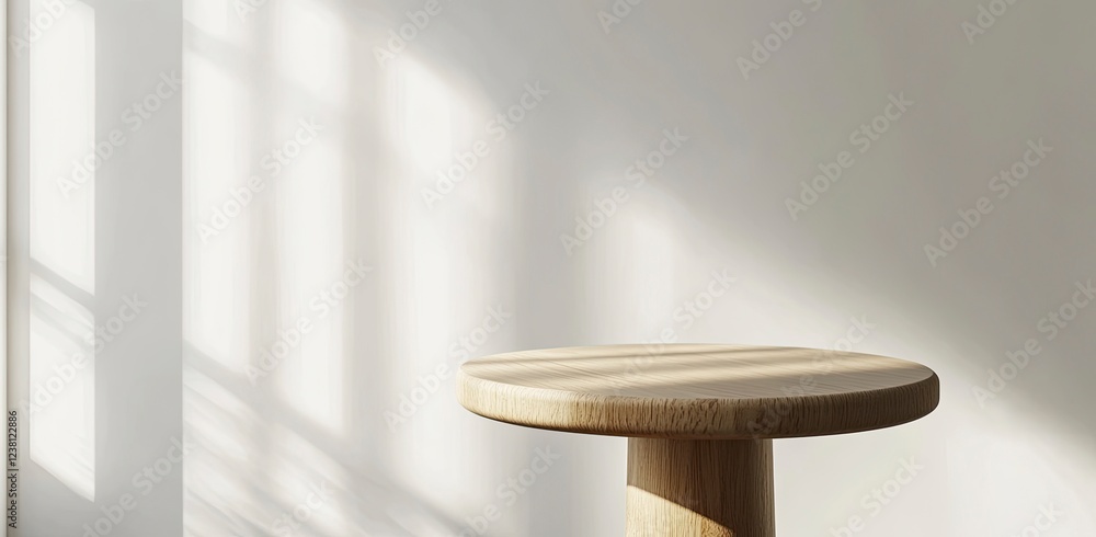 Poster 3d rendering of a small round wooden table on a white wall background with a soft shadow and sunligh