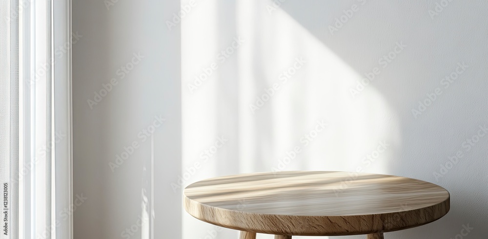 Poster 3d rendering of a small round wooden table on a white wall background with a soft shadow and sunligh