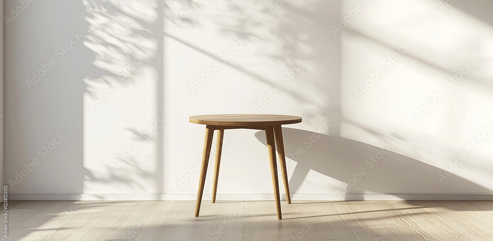 Poster 3d rendering of a small round wooden table on a white wall background with a soft shadow and sunligh
