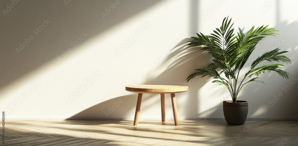 Poster 3d rendering of a small round wooden table on a white wall background with a soft shadow and sunligh