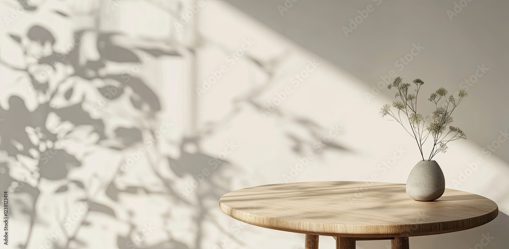Poster 3d rendering of a small round wooden table on a white wall background with a soft shadow and sunligh
