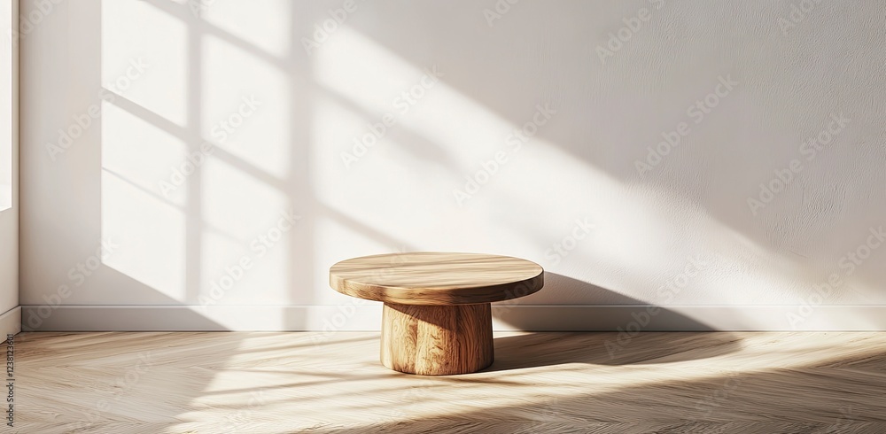 Poster 3d rendering of a small round wooden table on a white wall background with a soft shadow and sunligh