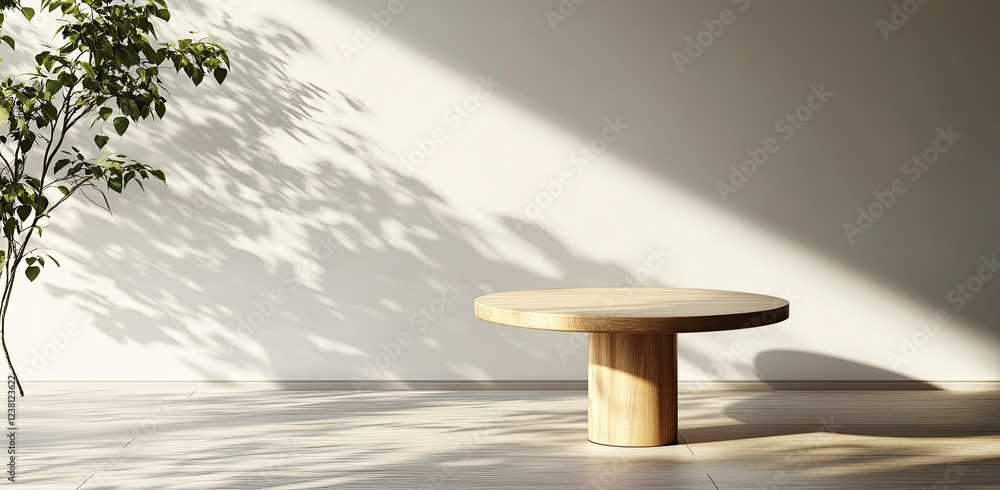 Poster 3d rendering of a small round wooden table on a white wall background with a soft shadow and sunligh