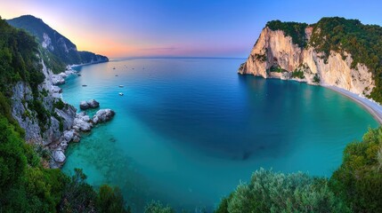 Fototapeta premium Coastal scenic nature idea. Breathtaking coastal view at sunset with calm waters and gentle cliffs.