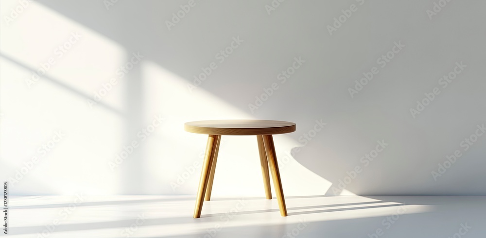 Poster 3d rendering of a small round wooden table on a white wall background with a soft shadow and sunligh