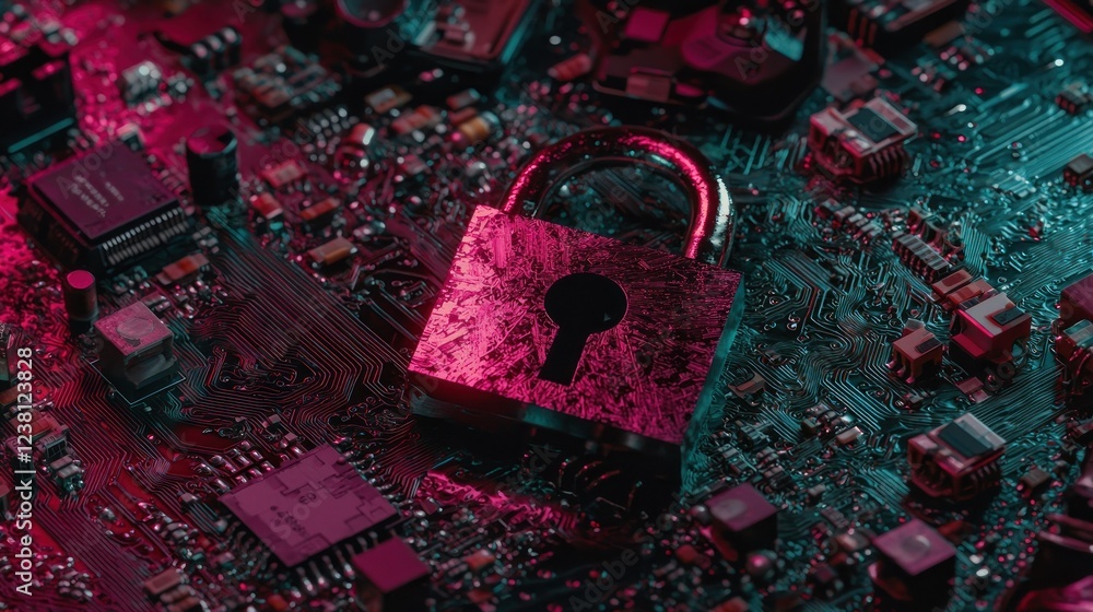 Poster Digital Security Concept with Lock on Colorful Circuit Board and Technology Background