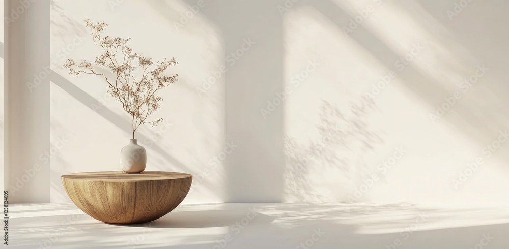 Poster 3d rendering of a small round wooden table on a white wall background with a soft shadow and sunligh