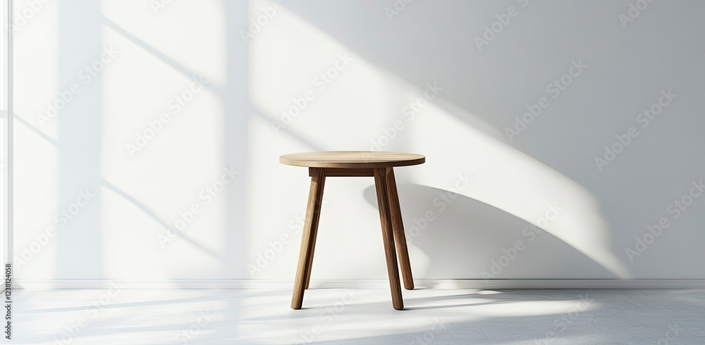 Poster 3d rendering of a small round wooden table on a white wall background with a soft shadow and sunligh