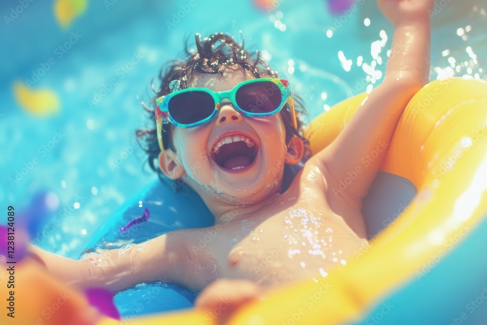 Aufkleber a child in sunglasses laughing while sitting on an inflatable float in a pool.