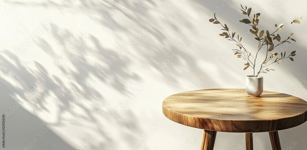 Poster 3d rendering of a small round wooden table on a white wall background with a soft shadow and sunligh
