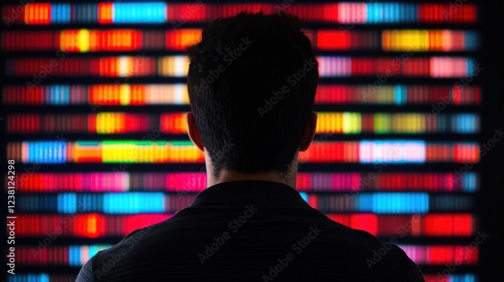 Poster Individual Analyzing Colorful Data Display on Screen in Dimly Lit Room with Vibrant Patterns and Abstract Designs