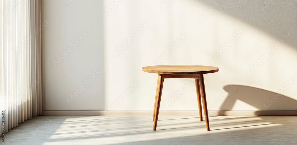 Poster 3d rendering of a small round wooden table on a white wall background with a soft shadow and sunligh