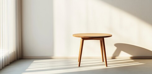 3D rendering of a small round wooden table on a white wall background with a soft shadow and sunlight, close-up side view, 