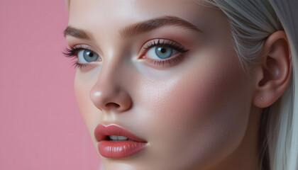 Fototapeta premium Studio beauty portrait of a gorgeous platinum blonde woman with flawless skin, showcasing perfect makeup and a serene expression against a vibrant pink backdrop.