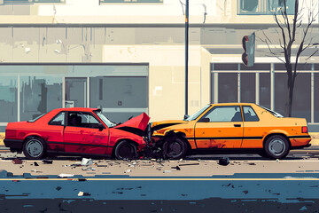 Photo Two cars are involved in a collision, one damaged front and the other orange, on an urban road.