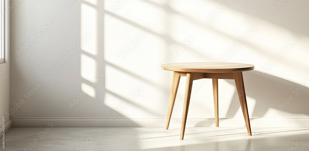 Poster 3d rendering of a small round wooden table on a white wall background with a soft shadow and sunligh