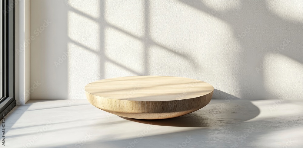 Poster 3d rendering of a small round wooden table on a white wall background with a soft shadow and sunligh