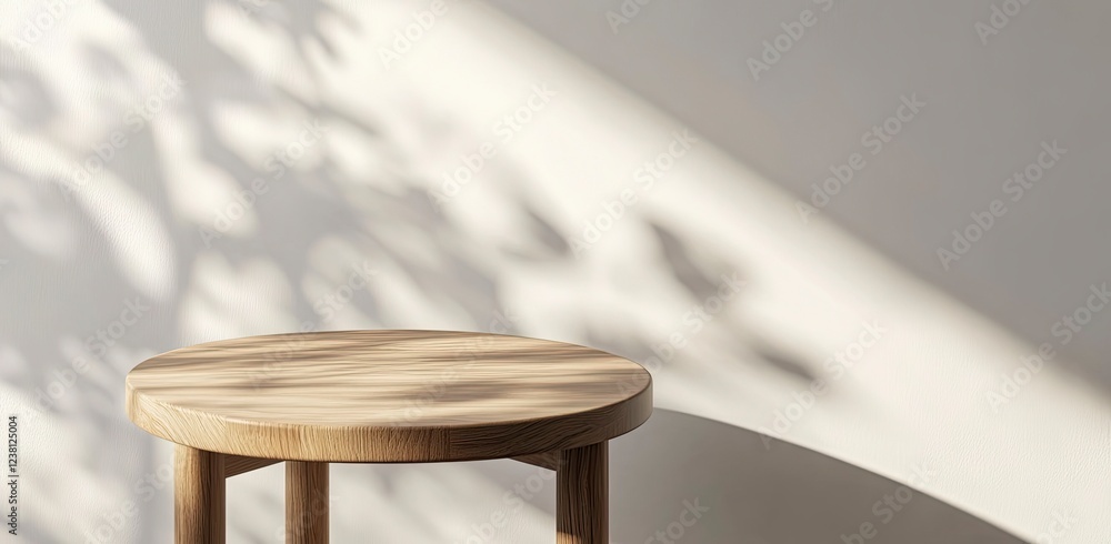 Poster 3d rendering of a small round wooden table on a white wall background with a soft shadow and sunligh