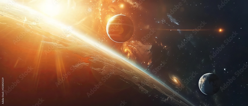 Poster stunning panoramic view of a distant planet system in deep space with vibrant nebulas and stars, 3d 