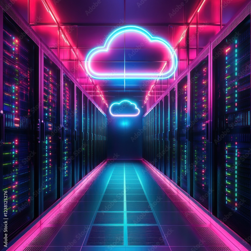 Poster Neon Cloud Concept in Futuristic Data Center with Colorful Lighting and Server Racks