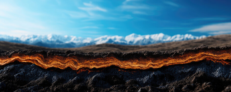 A vibrant landscape showcasing a glowing line of molten lava beneath a serene sky, creating a striking contrast between earth and atmosphere.