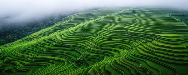 Fototapeta premium Aerial landscapes nature concept. Stunning aerial view of lush green rice terraces under a cloudy sky.